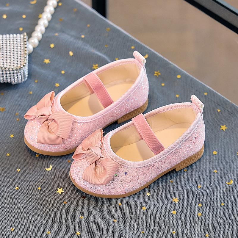Simple Versatile Girls' Sequined Princess Shoes 2025 Autumn New Item Kids Bow Leather Shoe Lightwe Comfort Girls Casual Shoes