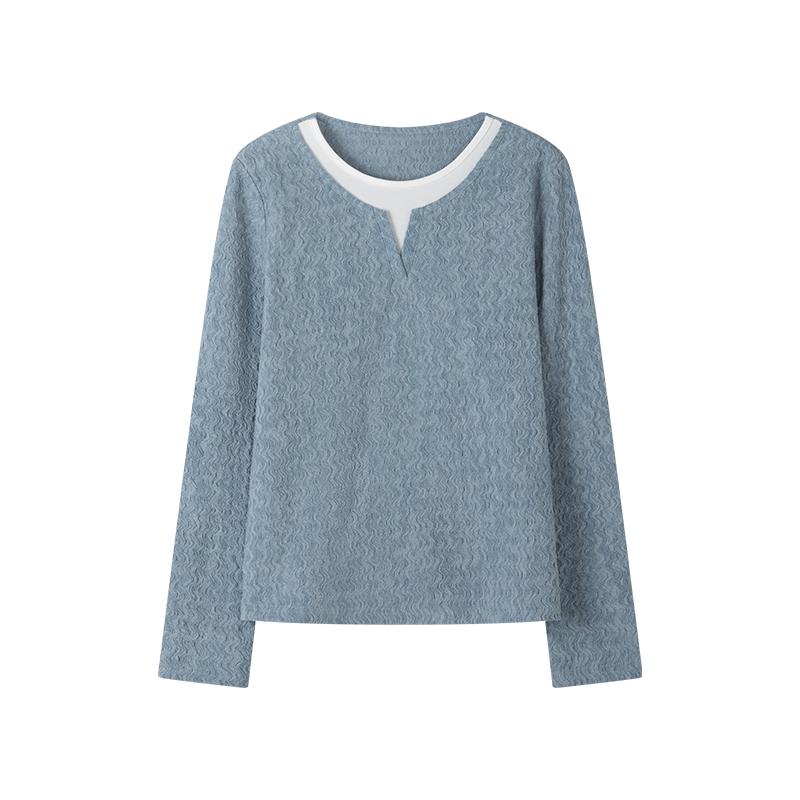 Women S Long Sleeve Mock Two Piece Casual Top Patchwork Round Neck