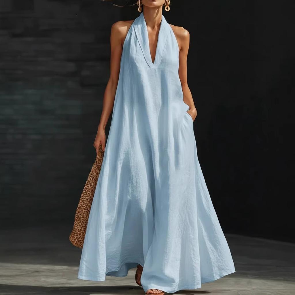 European and American new summer women's casual solid color V-neck dress TikTok skirt