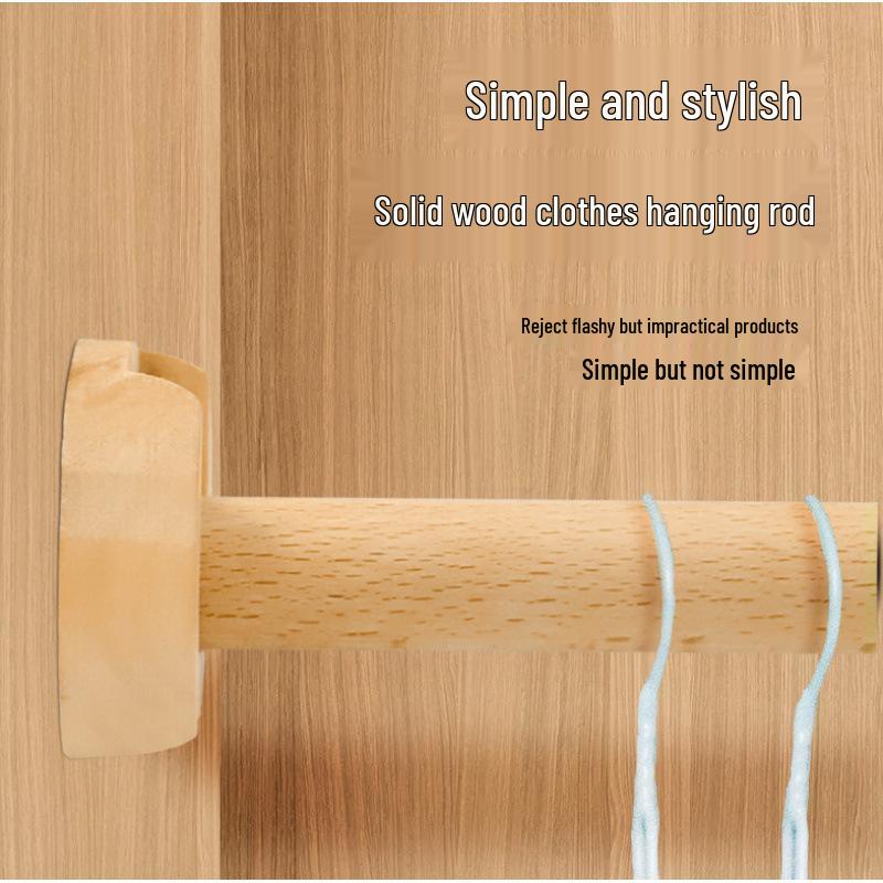 Beech Wood Round Hanging Wardrobe Rod - DIY Solid Wood Clothes Rack Stick. 40cm with base