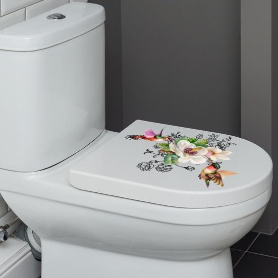 Flower Bird Toilet Sticker Waterproof Removable Self-adhesive PVC Living Room Bathroom Wall Art Floral Animal Toilet Seat Lid Decoration Decal