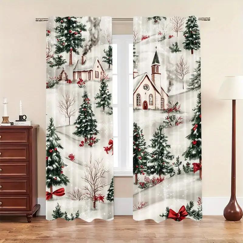 2pcs Peaceful Christmas Village Pattern Curtains   Designed for Peaceful Christmas Family Windows with Filter Polyester Curtains 100*130 HOOK 1pcs