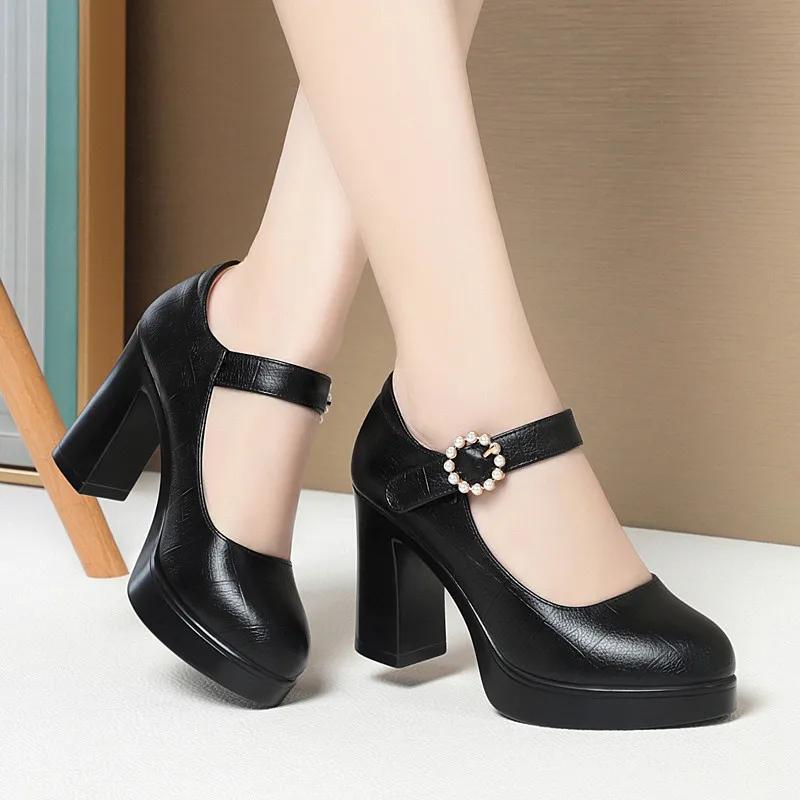 Fashion Women Platform Pumps Shoes Women Shoe 2025 Shallow Mouth High Heels Women's Comfortable Round Head Thick Heeled Black Work Shoes