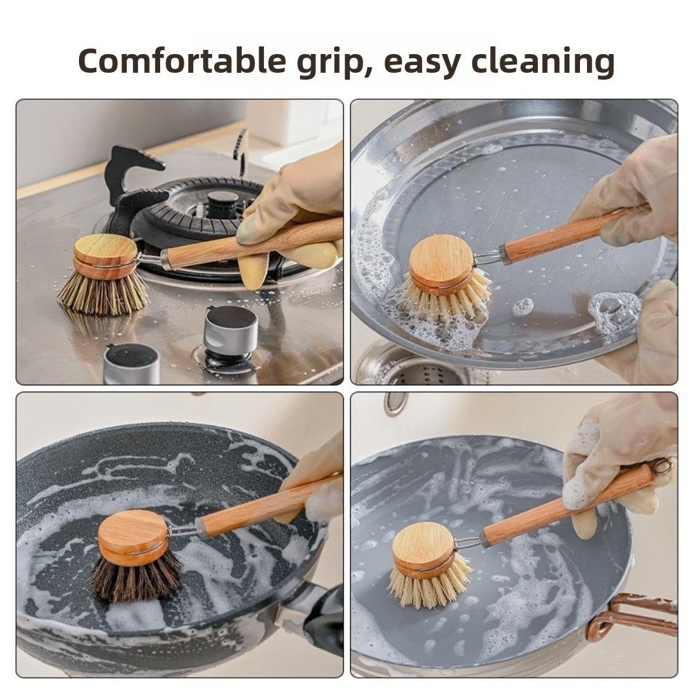 Solid Wood Dish Pot Brush Replaceable Frying Pan Brush Kitchen Cleaning Brush  Home Cleaning