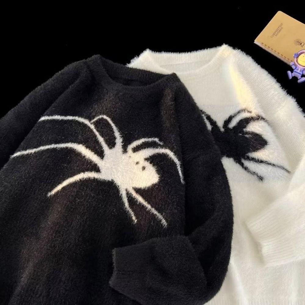 Plush Streetwear Knitwear Long Sleeve Pullovers Women Y2k Retro Spider Sweater Men  Women