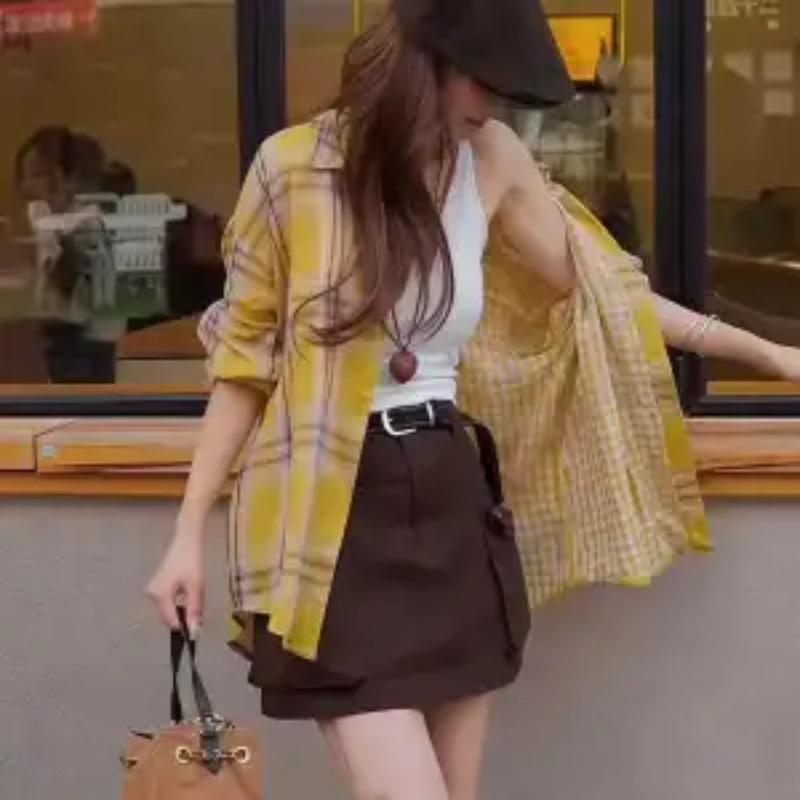 Коричневая клетчатая оверсайз рубашка с длинным рукавом, повседневная блузка на пуговицах, женская одежда для повседневной моды M