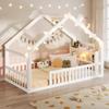 Cama Baixa, 90 x 190 cm, Cama Infantil com Grade de Proteção, Com Leds, Estrutura de Casa, Madeira de Pinus, sem Colchão, Estilo Minimalista, Branco