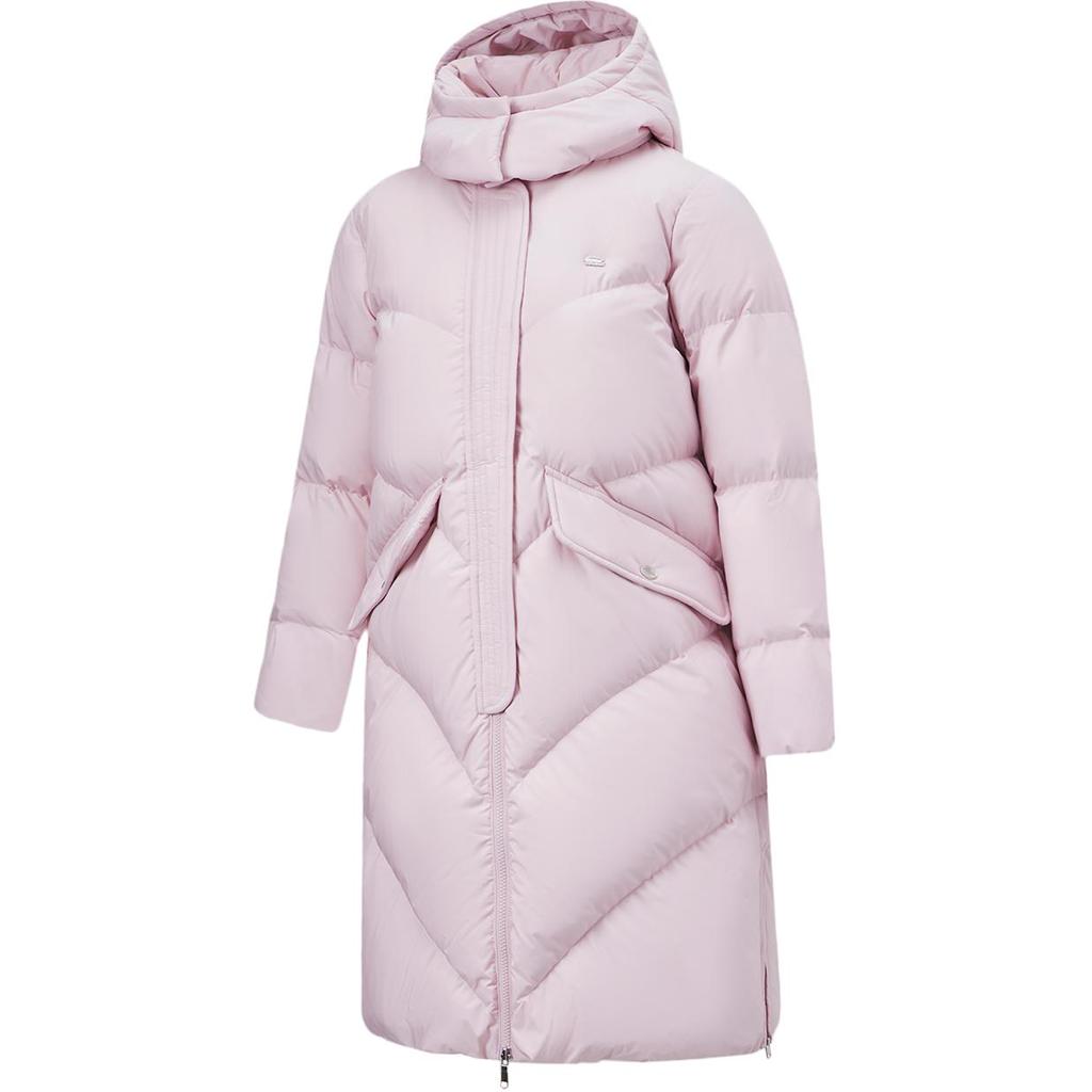 Li-Ning Solid Color Zipper Hooded Long Down Jacket Women Outerwear Purple AYMT116-5