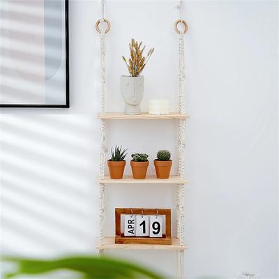 Makramee Regal Wandbehang Holz Schweberegal mit geflochtenem Seil Rustikaler Aufbewahrungs-Organizer 3-stufiges Regal Boho Dekoration für Wohnzimmer