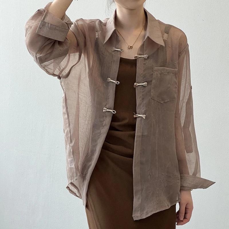 Women's Mandarin Collar Shirt Summer Spaghetti Strap Dress Outerwear Lightweight Sun Protection Cardigan