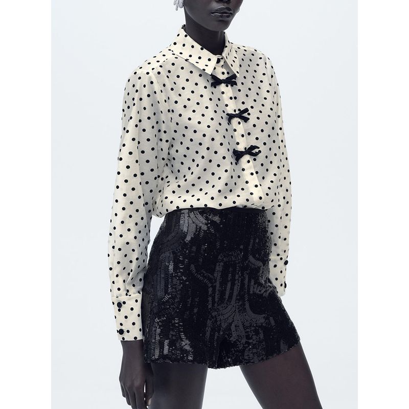 Za2025 Spring New Women's Clothing Dot Bowknot Decoration Temperament Long Sleeve Lapel Casual Shirt 2136623