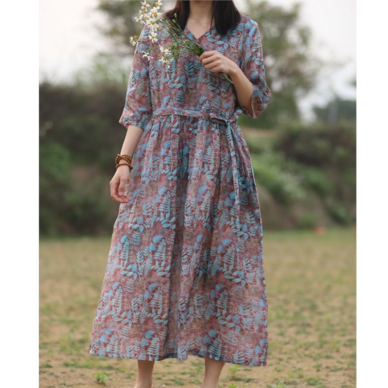 Johnature Woman Spring V-Neck Half Sleeve Casual Vintage Dress Chinese Style Casual Retro Dress