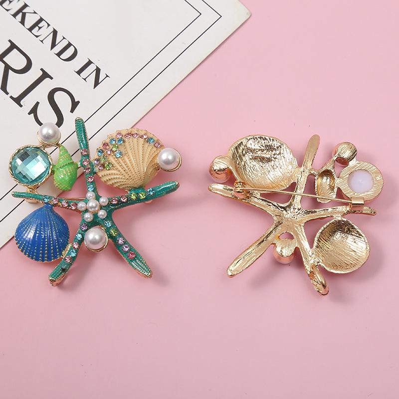 Korean Marine Life Brooch: Starfish & Shell Pin with Metal, Diamond, & Pearl Accents