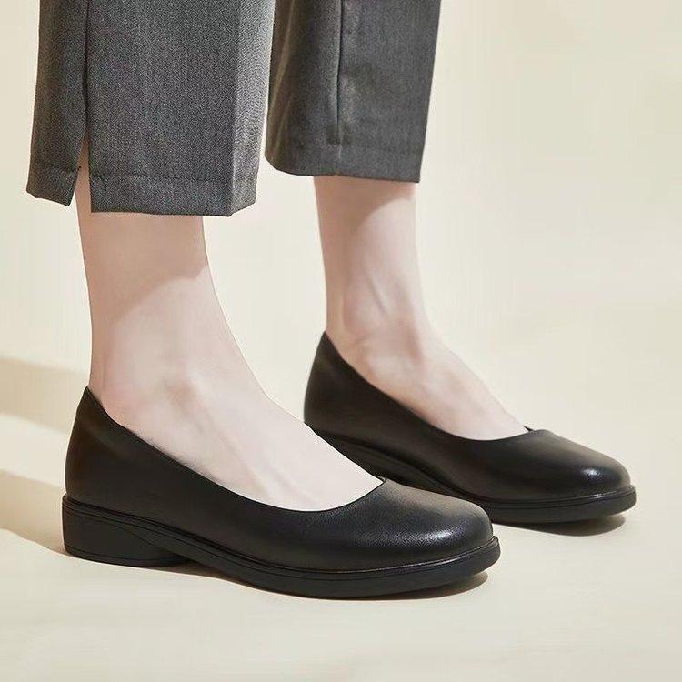 Shoes Black Round Head Low Heel Thick Sole Professional Shallow Mouth Leather Shoes Flat Sole Comfortable Single Shoes