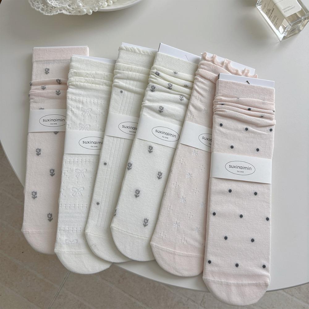 Pink Socks Women Spring and Summer Hollow Thin Breathable Women Socks Ballet Style Floral Print Polka Dot Medium Tube Socks Gift