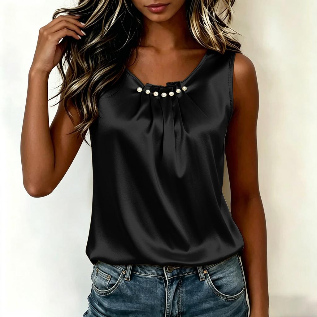 Women's Casual Satin Sleeveless Top Pearl Embellished Round Neck Blouse Smooth Fabric Lightweight Summer Shirt