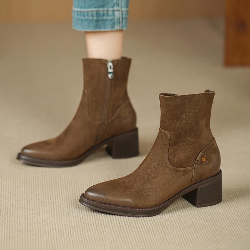 Fashion 2025 Autumn Women Boots Pointed Toe Chunky Heel Genuine Leather Women Shoes Short Modern Boots Winter High Heel Mid-calf Boots