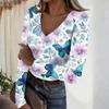 Women's Casual V-Neck Floral Print Long Sleeve Ribbed Top for Everyday Wear