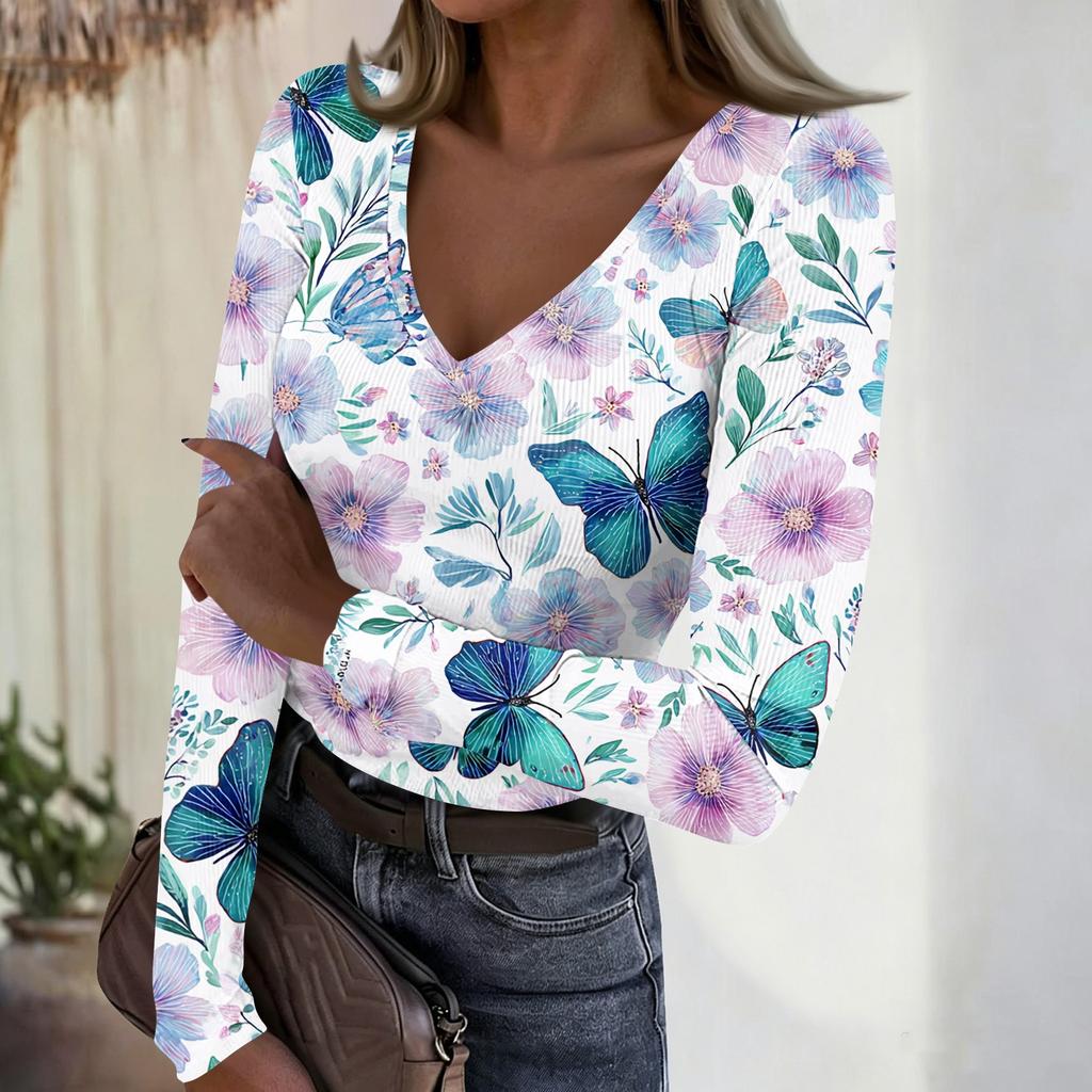Women's Casual V-Neck Floral Print Long Sleeve Ribbed Top for Everyday Wear