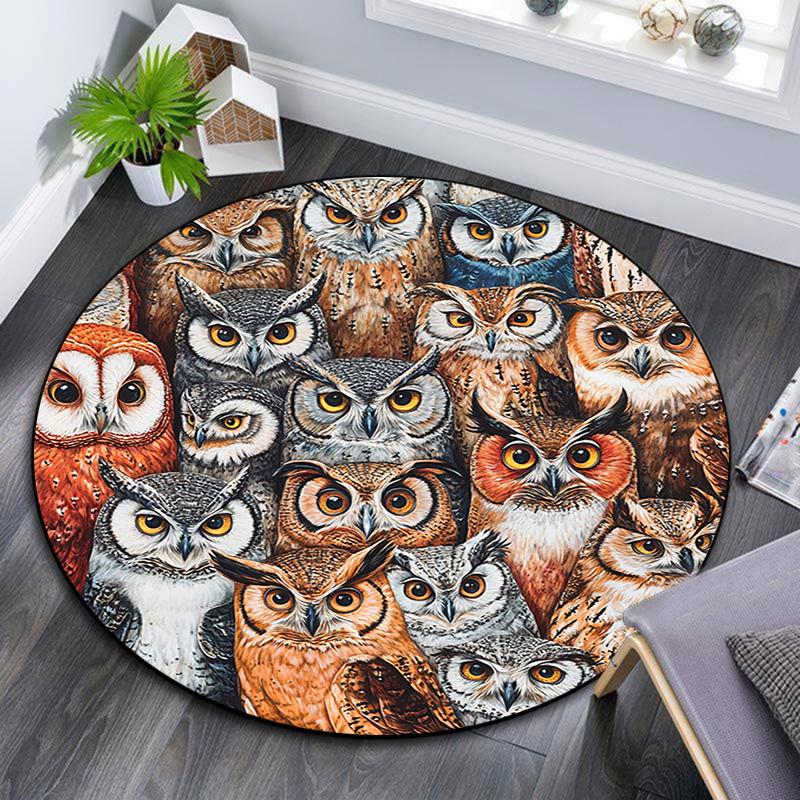 Owl Collage Round Area Rug,Carpet Rug for Living Room Bedroom Sofa Playroom Decor,Non-slip Floor Mat