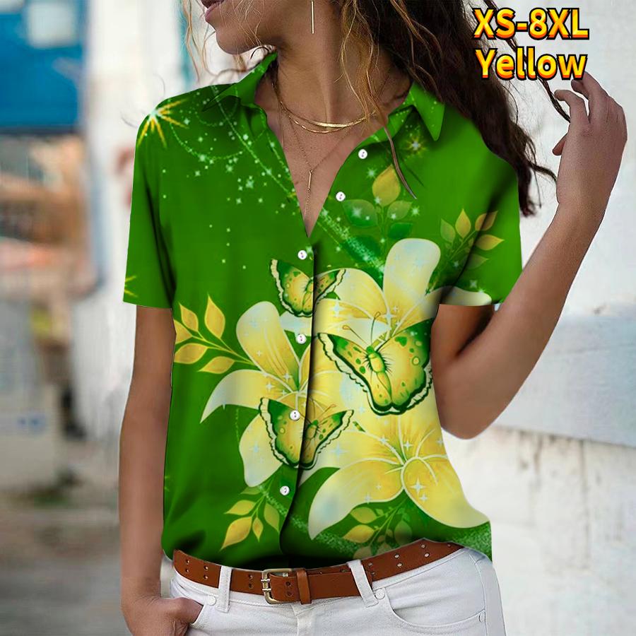 2025 Sommer Neue Mode Damen Rosenbedrucktes Kurzarm V-Ausschnitt Lässig Durchgeknöpftes Hemd Top