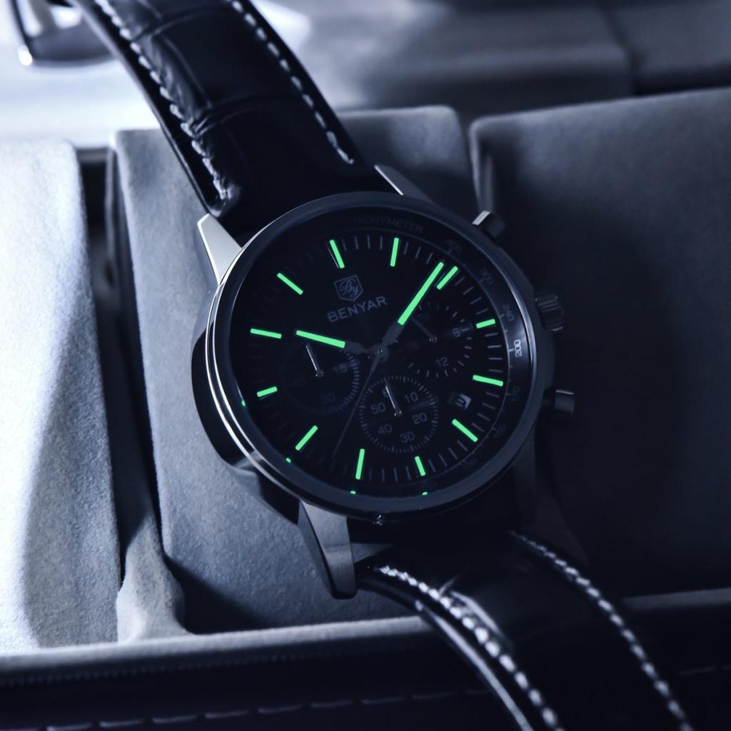 Benyar Luxury Watches For Men Date Chronograph Lrather Man Watch Waterproof Luminous Sport Military Men's Quartz Watch