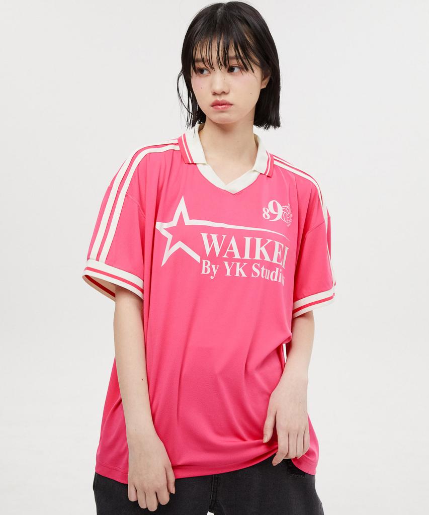 WAIKEI Star Logo Collar Jersey Short Sleeve T-Shirt Pink