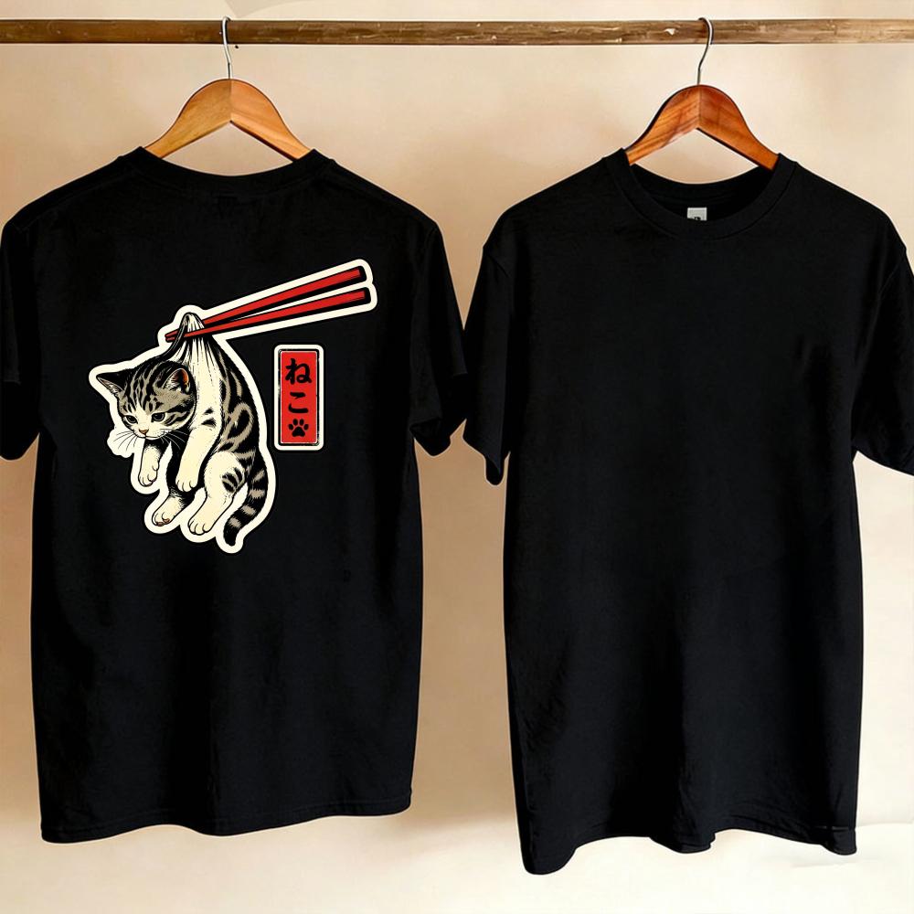 Unisex Vintage Japanese Tabby Cat Hang By Chopsticks Kanji Graphic TShirt Retro Ukiyoe Style Funny Kitten Print Casual Cotton Top