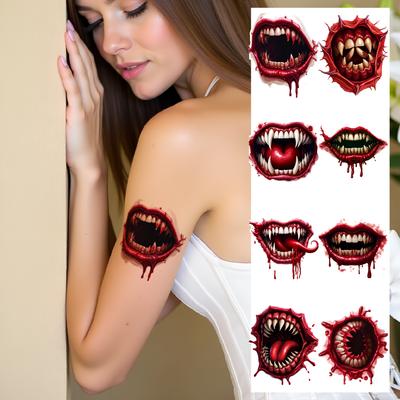 9pcs Temporary Tattoo Teeth Halloween Monster Mouths Eye Temporary Tattoo Stickers Dripping Blood For Girls Shoulders Boys