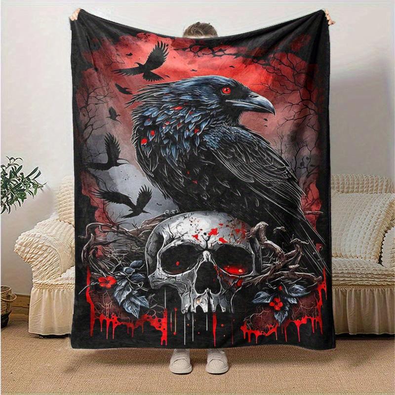 1pc Crow and Skull Blanket Soft Throw for Home Decor, Gift Idea, Living Room, Travel, Camping, Car Blankets