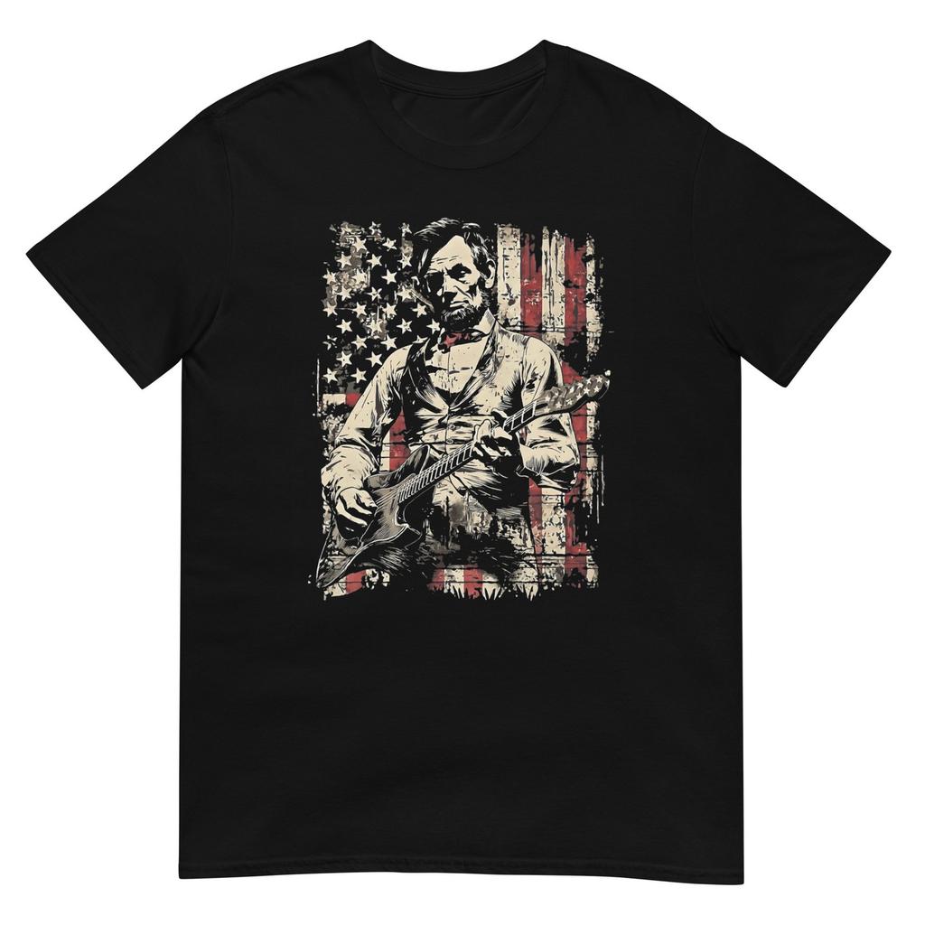 Abraham Lincoln Playing Guitar Retro Vintage Usa Flag Tshirt