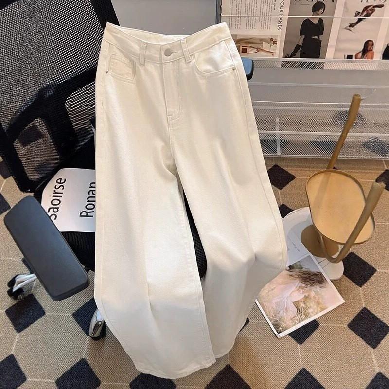 Womens White Wide Leg Straight Cut Jeans High Waist Loose Fit Cotton Denim Trousers 2026 Fall