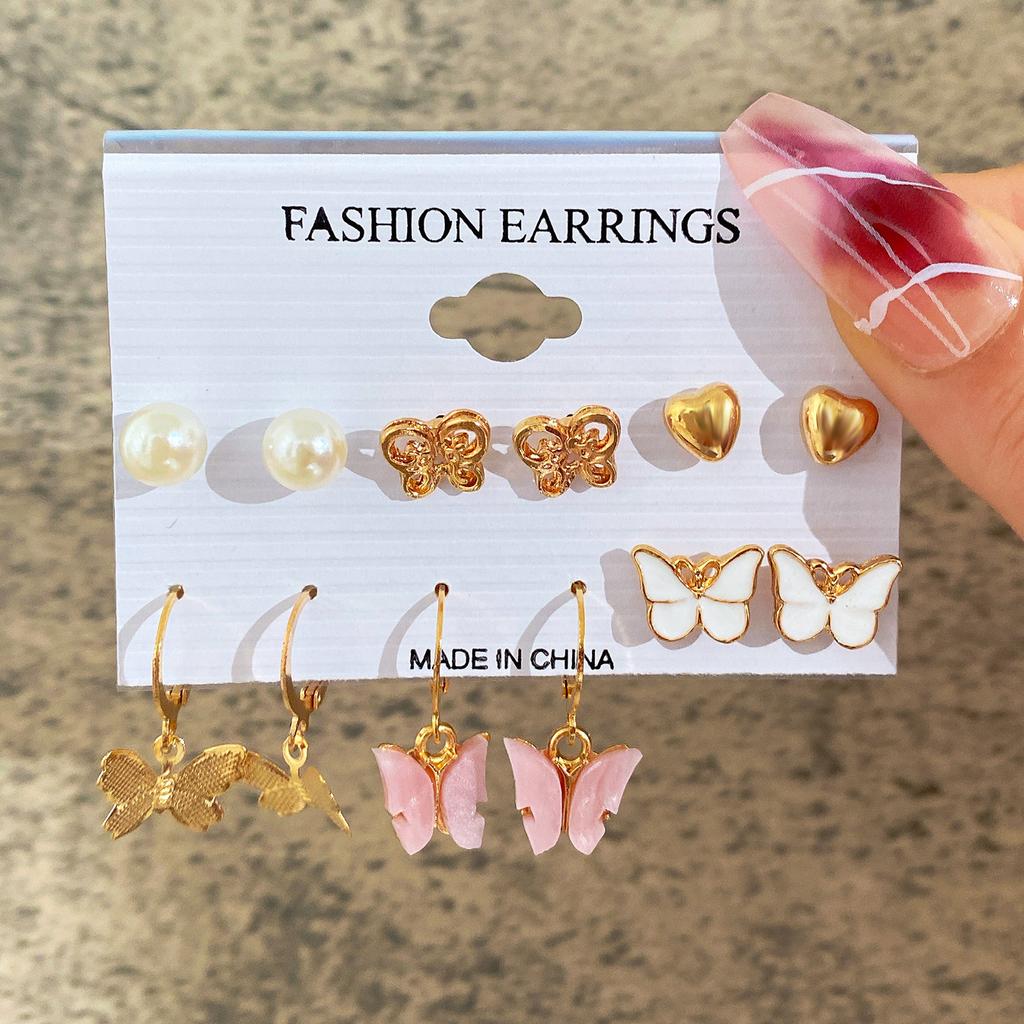 Hot-selling Retro Exaggerated Women's Peach Heart Stud Earrings Twist Twisted Pearl Earrings 11-piece Set of Earrings