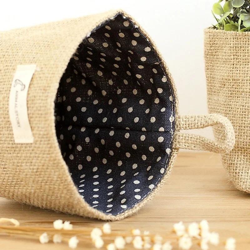 Desktop Jute Storage Bag Cotton Linen Storage Basket Sundries Storage Box With Handle Cosmetic Organizer Jewelry ContainerHolder