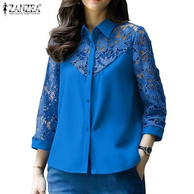 Women Casual Turn Down Collar Hollow Crochet Splice 3/4 Sleeve Blouse