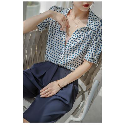 Shirt Women's Summer Short-sleeved Niche Retro Heavy Silk Shirt Temperament Bubble Sleeve Polka Dot Top