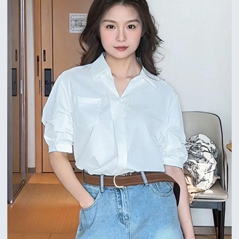 V-neck Short Sleeved Polo Neck White Shirt Women's Commuting Elegant Solid Colour Loose Blouses Thin Top Spring and Summer