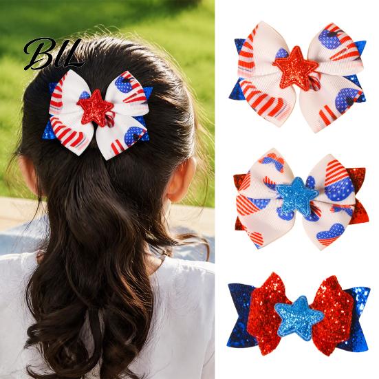 Glitter Bow Barrettes Independence Day Hair Clip for Girls, Red Blue White Hairpin, Double Layer Fashion Bows with Sequins Star, Accessory Festival