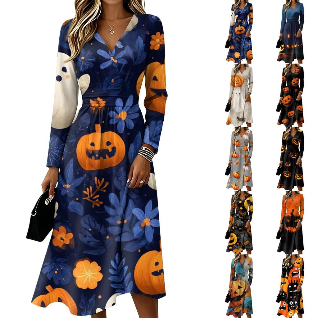 Women's Casual Halloween Print Long Sleeve V-Neck Dress with Pockets