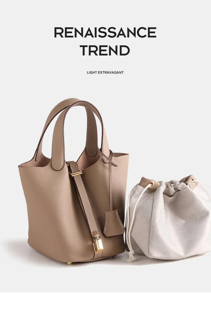 2025 Large Capacity Genuine Leather Commuter Handbag - Lychee Pattern Cowhide Bucket Bag
