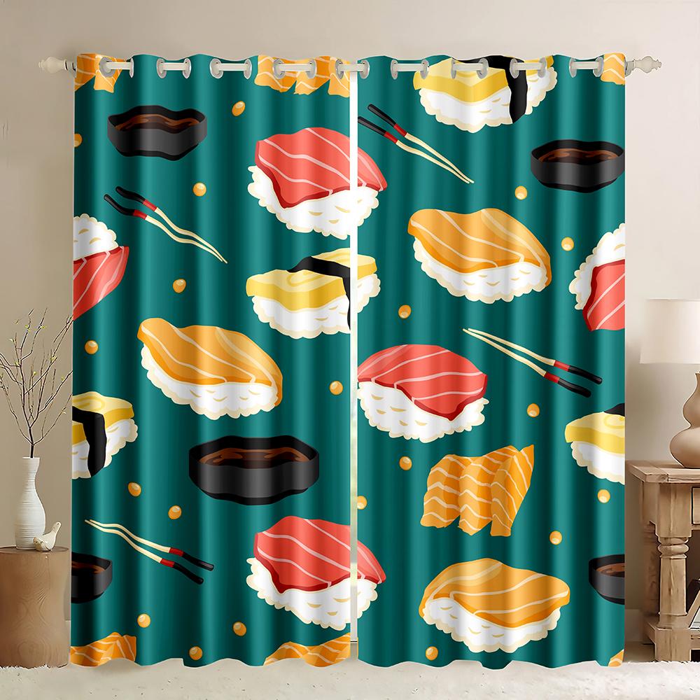 Funny Japanese Food Sushi Print Curtains for Kids Living Room Bedroom Kitchen Window Drape Right Biparting Open Drapes 2 Panels