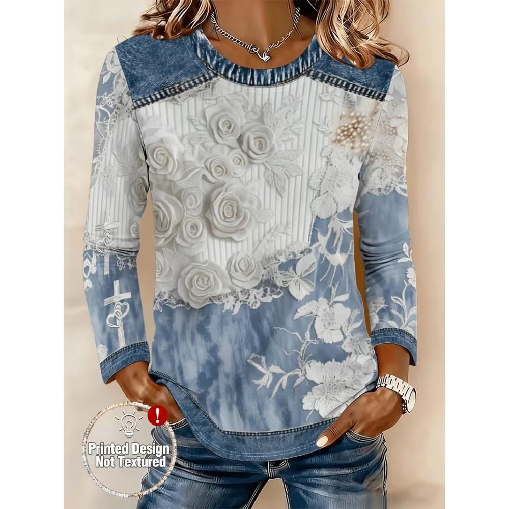 Mode Automnale Confortable Décontractée Polyvalente Ample pour Femmes T-shirts à Manches Longues Imprimés Multicolores à Col Rond