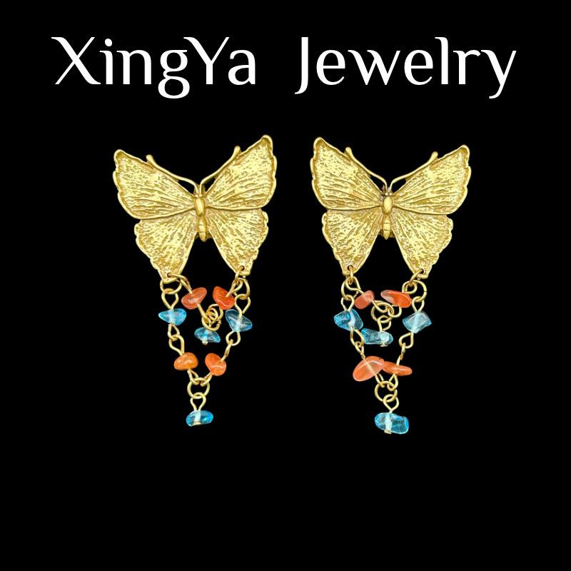 

Advanced Niche Design Butterfly Sweet Rural Style Earrings Crushed Stone Contrasting Color Temperament