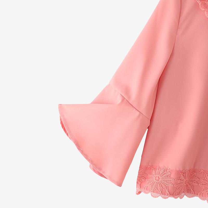 ZANZEA Women Casual Lace Patchwork Round Neck Flare Sleeve Blouse