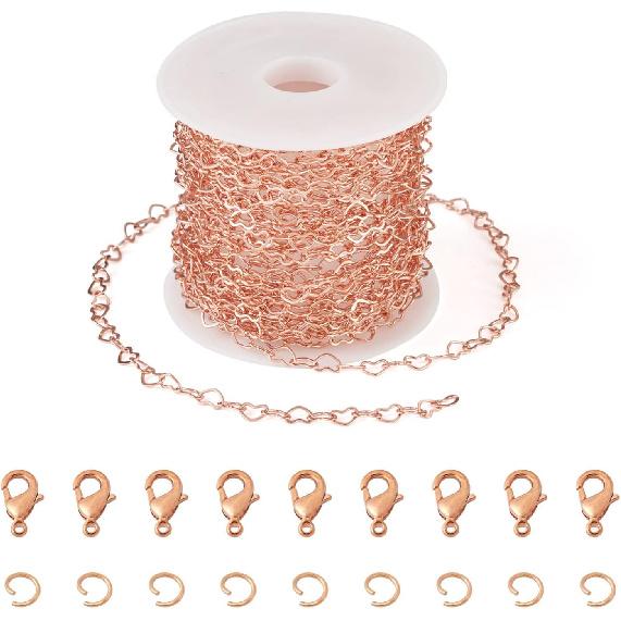 Pandahall 15.7-16.4 Feet Rose Gold Heart Link Chains 5x3.5x0.4mm Soldered Brass Love Heart Cable Chains Spool with 20Pcs Lobster Claw Clasps 30Pcs