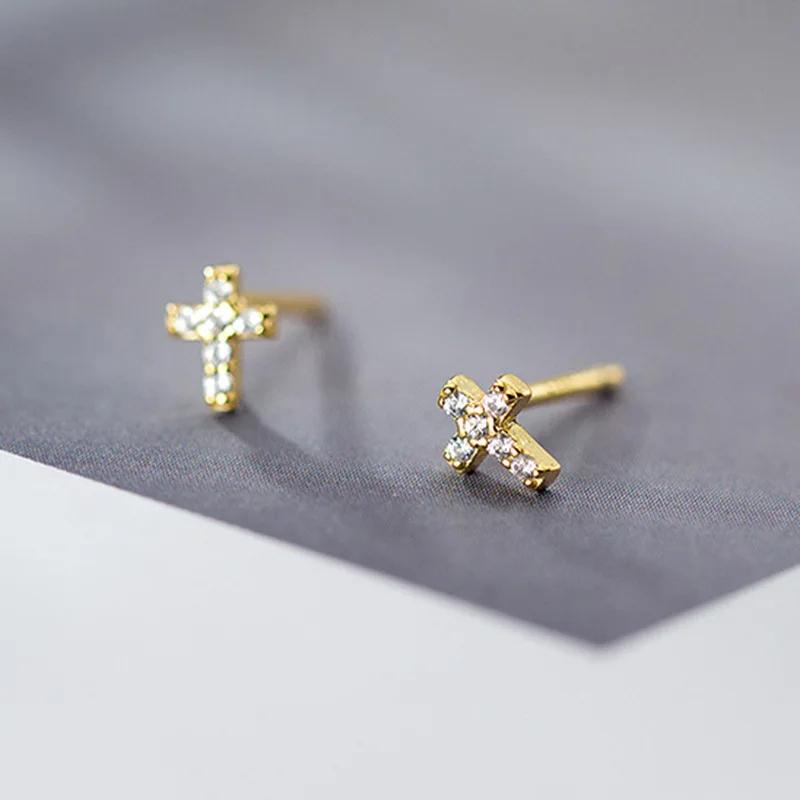 925 Silver Simple Korean Zircon Mini Cross Stud Earrings for Teen Women Daily Life Party Jewelry
