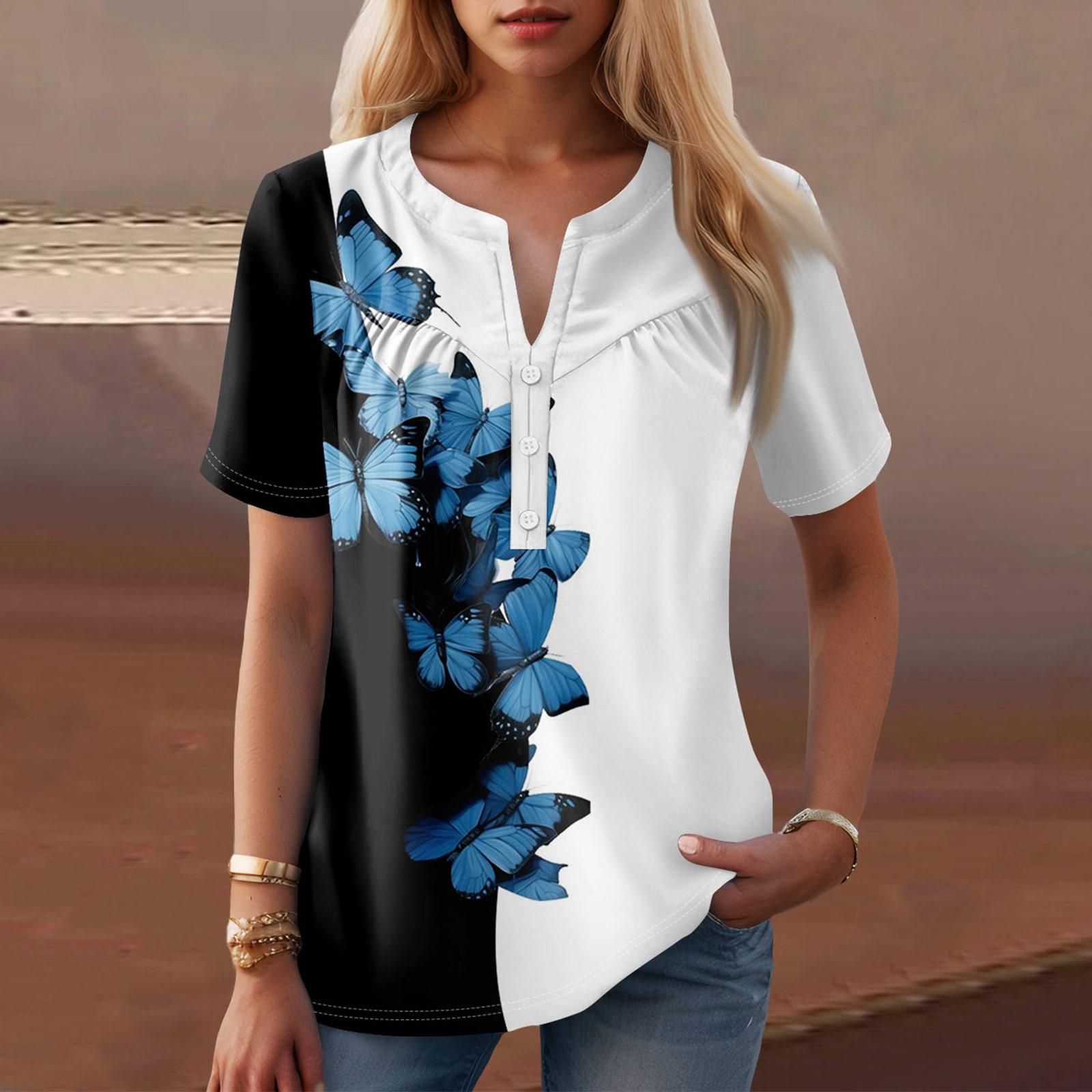 

Женская повседневная футболка с v-образным вырезом и коротким рукавом с цветочным принтом и декоративными пуговицами, топ XL