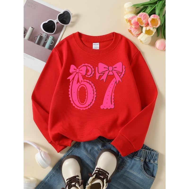 European sizes Kids' Casual Printed Round Neck Pullover, Kids' Round Neck Sweatshirt with Fashion 67 Theme Feature Print, Casual Comfortable