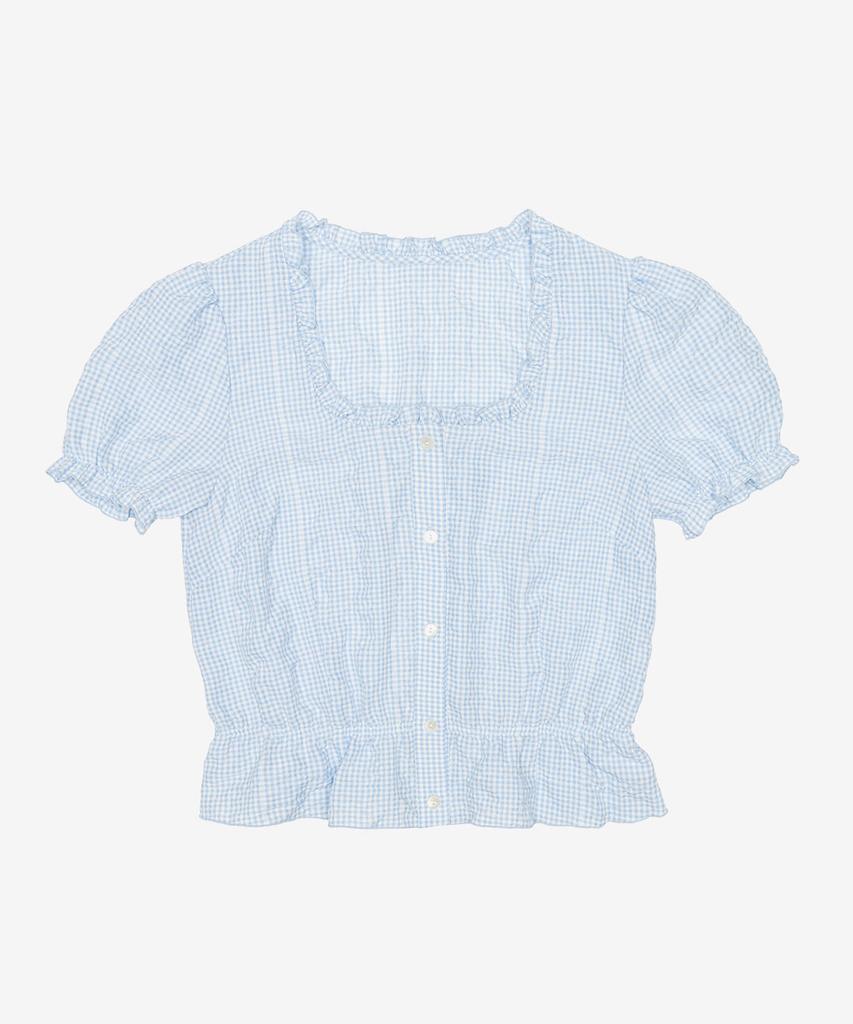 BENSIMON Check Pattern Frill Blouse - Sky Blue