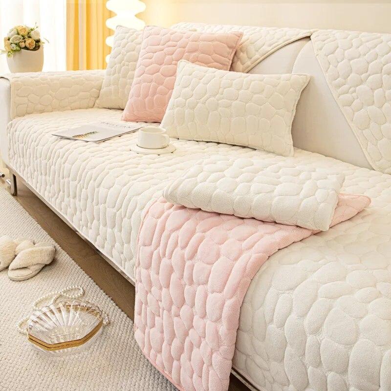 White Sofa Cover Stone Pattern Plush Anti-slip Couch Cushion Towel Living Room Universal Armchair Slipcover Blanket Cover 3 Seat